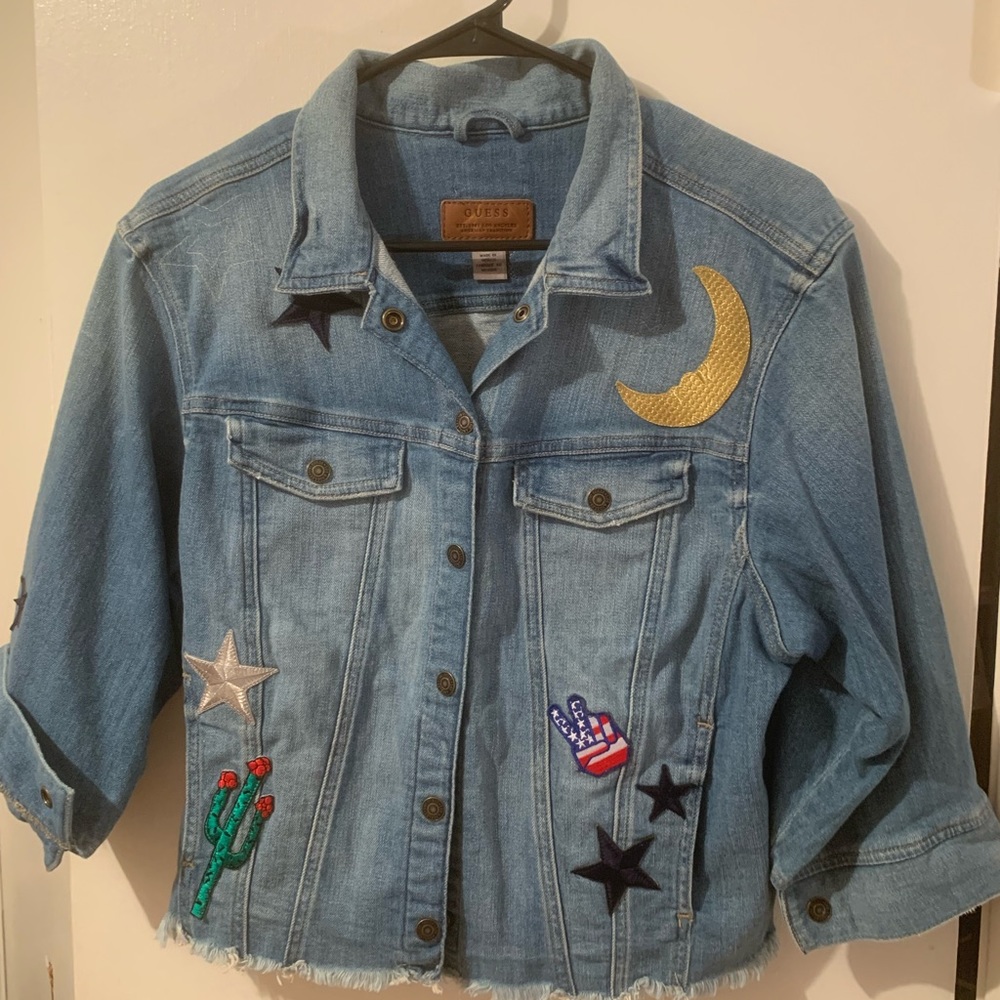 COPY - Blue patchwork denim jacket. Size medium. Brand Guess